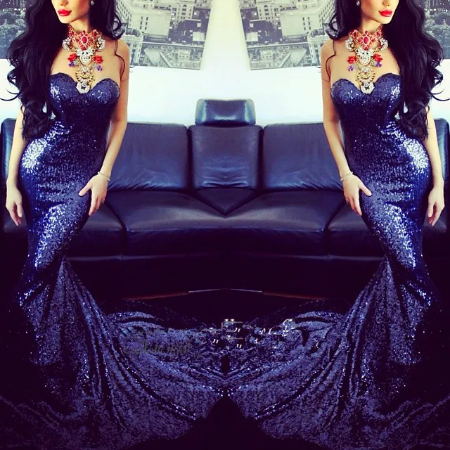 

free shipping blue paillette hot sexy Mermaid evening dress sweetheart bride vestido de festa 2016 long elegant prom dresses