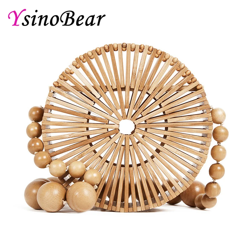 

YsinoBear Summer Beach Bag Fashion Bamboo Bags Handmade Vacation Circular Travel Basket Box Tote Women Shopping Casual Handbag
