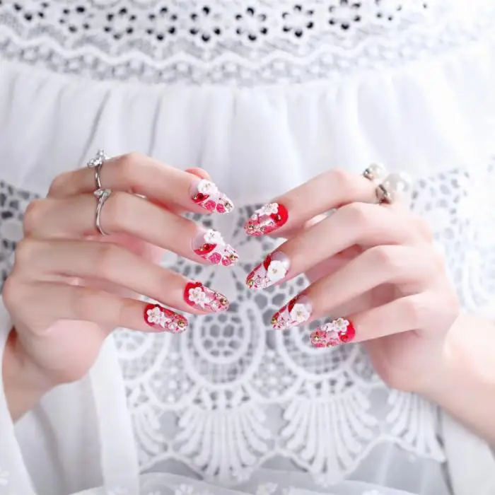 24 шт DIY цветок дизайн накладные ногти красный цвет Свадьба для маникюра ногтей советы с клеем моделирование жемчуга нежные искусственные ногти