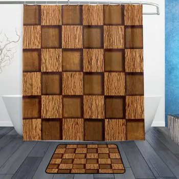 

Abstract Checkered Wooden Texture Waterproof Polyester Fabric Shower Curtain with Hooks Doormat Bath Bathroom Home Decor