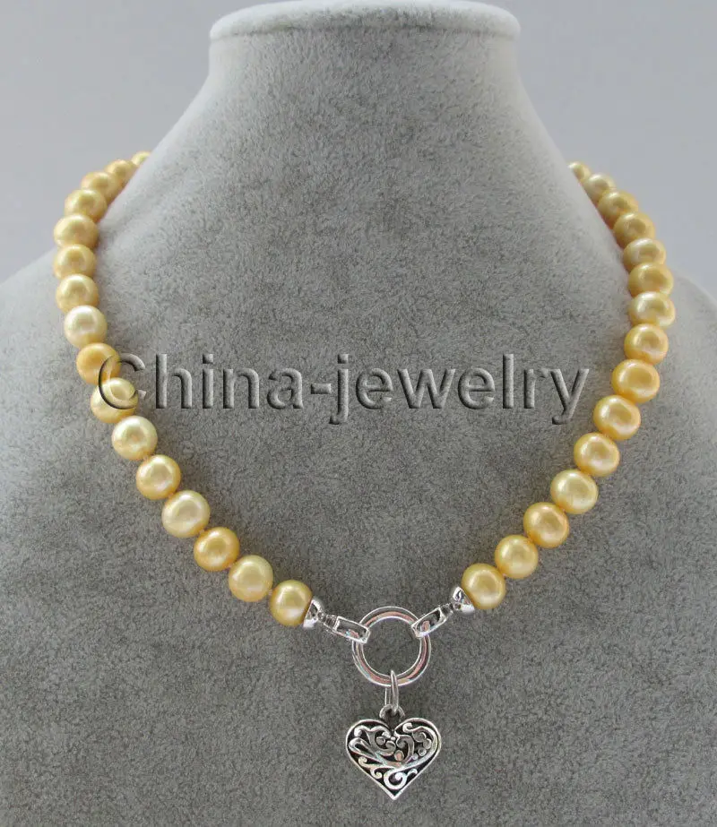 

FREE SHIPPING HOT sell new Style >>>>Beautiful 18" 10-11mm golden color round freshwater pearl necklace + heart shape