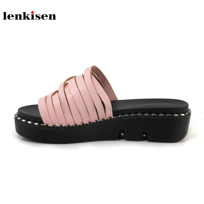 Lenkisen 2018 big size new popular PU solid causal mules summer shoes wedges med heels platform shopping women sandals L9f1 lenkisen genuine leather big size wedges summer shoes gladiator super high heels straw platform sweet style women sandals l45