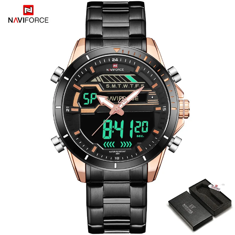 Топ Элитный бренд NAVIFORCE Для мужчин спортивные часы Для мужчин кварцевые цифровой светодиодный часы Мужской полный Сталь военный Водонепроницаемый наручные часы - Цвет: RoseGold-Box