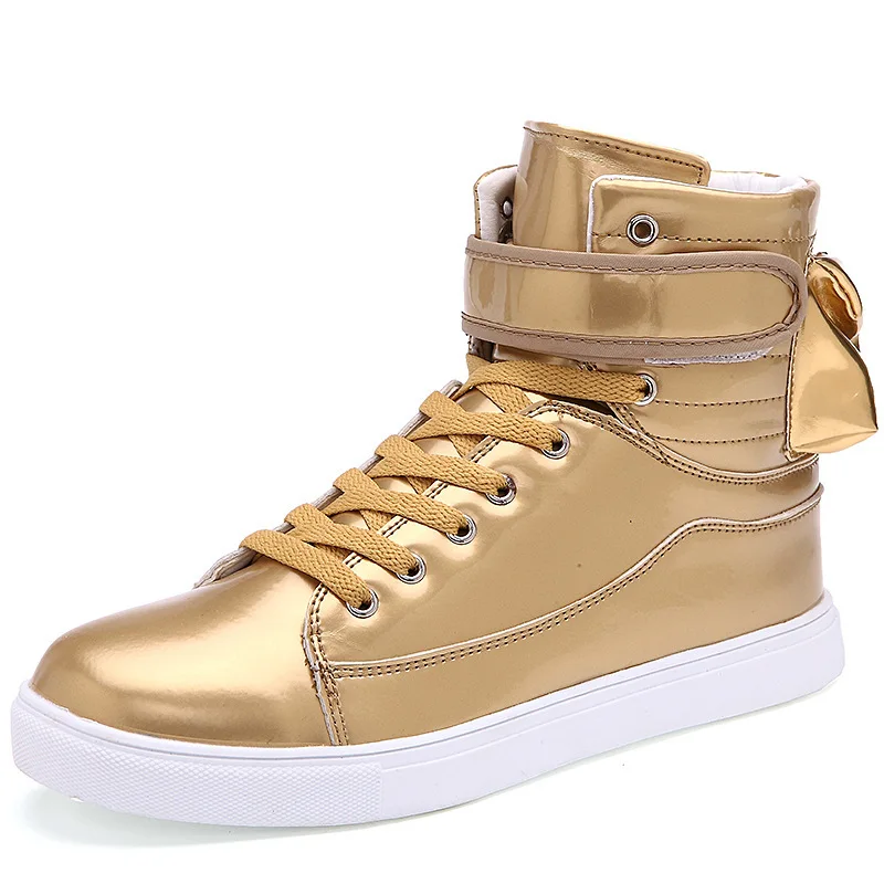 

GOLD leather Hip Hop sneakers kanye west justin boots street Dance Shoes Platform High Increased Men High Top Sapatos Masculinos