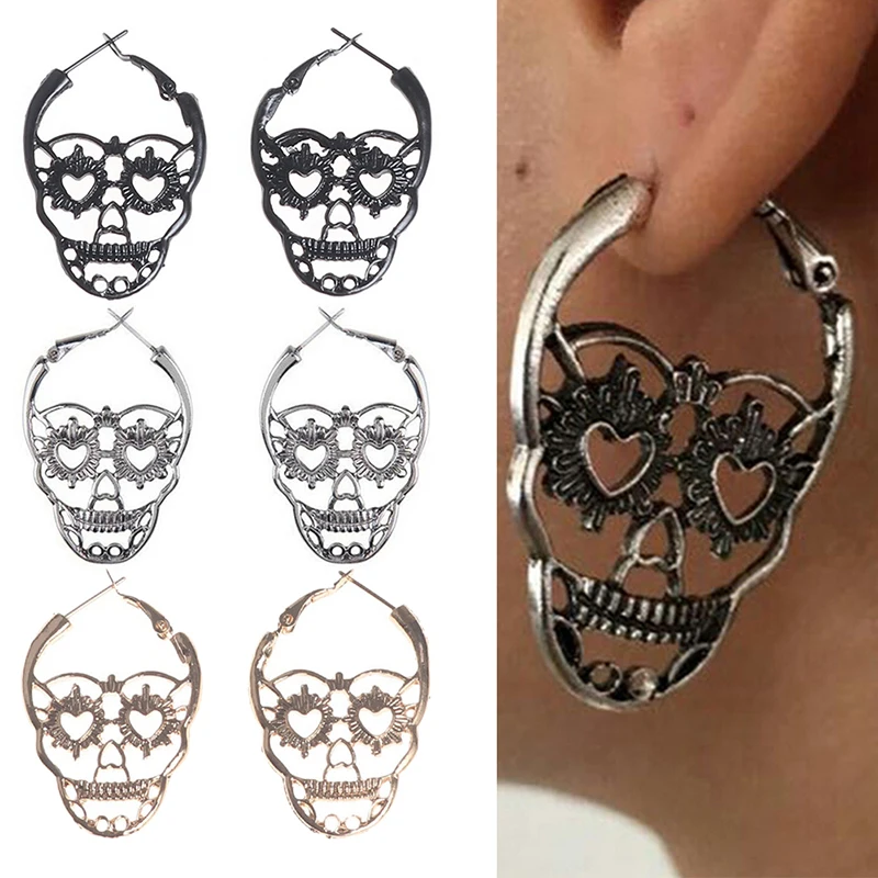 New Design Skull Stud Earrings For Women Men Punk Rock Style Skeleton Ear Jewelry Gift Silver Black Color