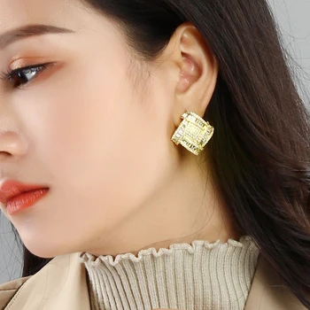 

Big square stud earrings White and Gold color aretes de mujer Large Luxury design jewelry stud earrings