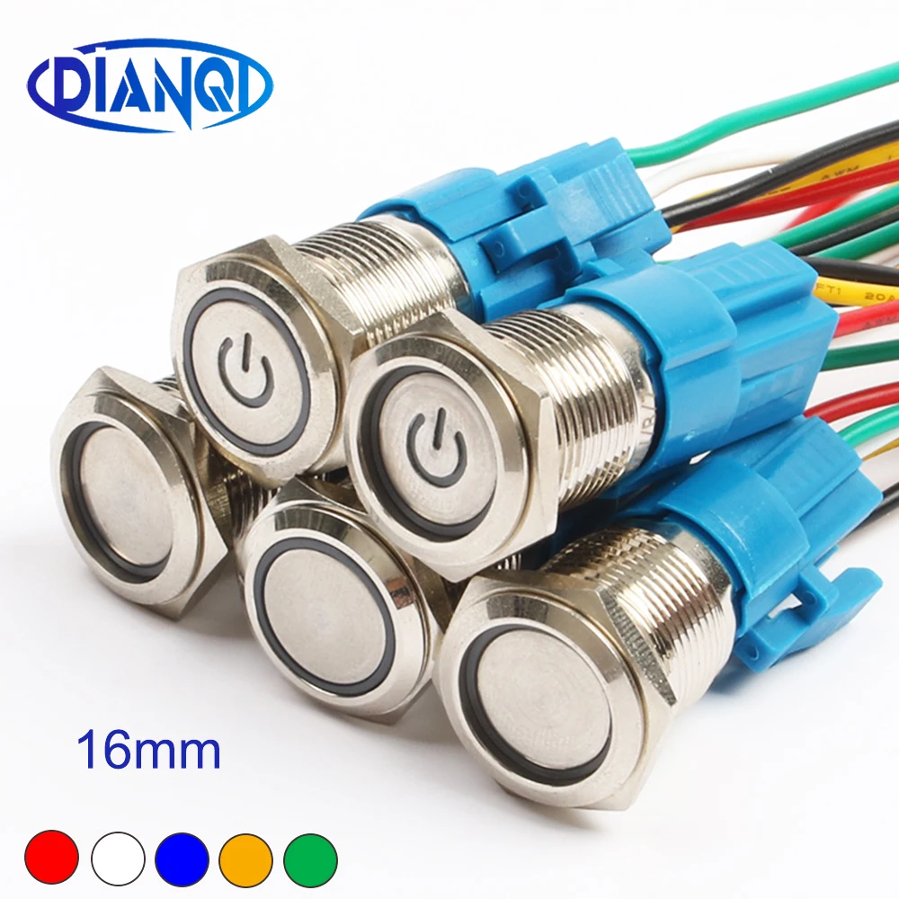 

16mm Metal LED indicator Light press push button switches reset Momentary/Latching self lock Car power ring 12V 3V Start Button
