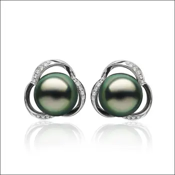 

Free Shipping Black Green Tahitian Cultured Pearl Diamond Stud Earrings 18K White Gold 8.5-9MM