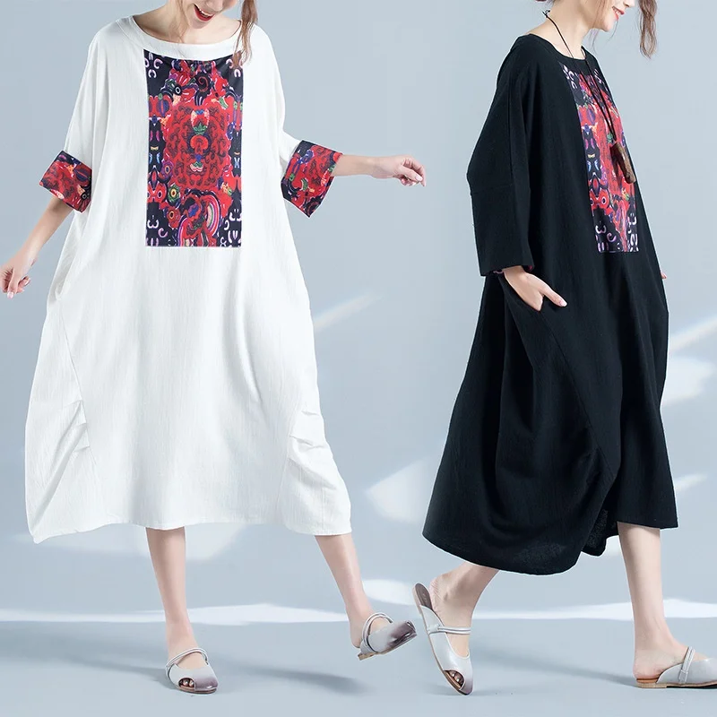 Винтажное женское элегантное китайское платье, женское свободное повседневное этническое платье с рукавом летучая мышь, белое черное восточное платье TA1543