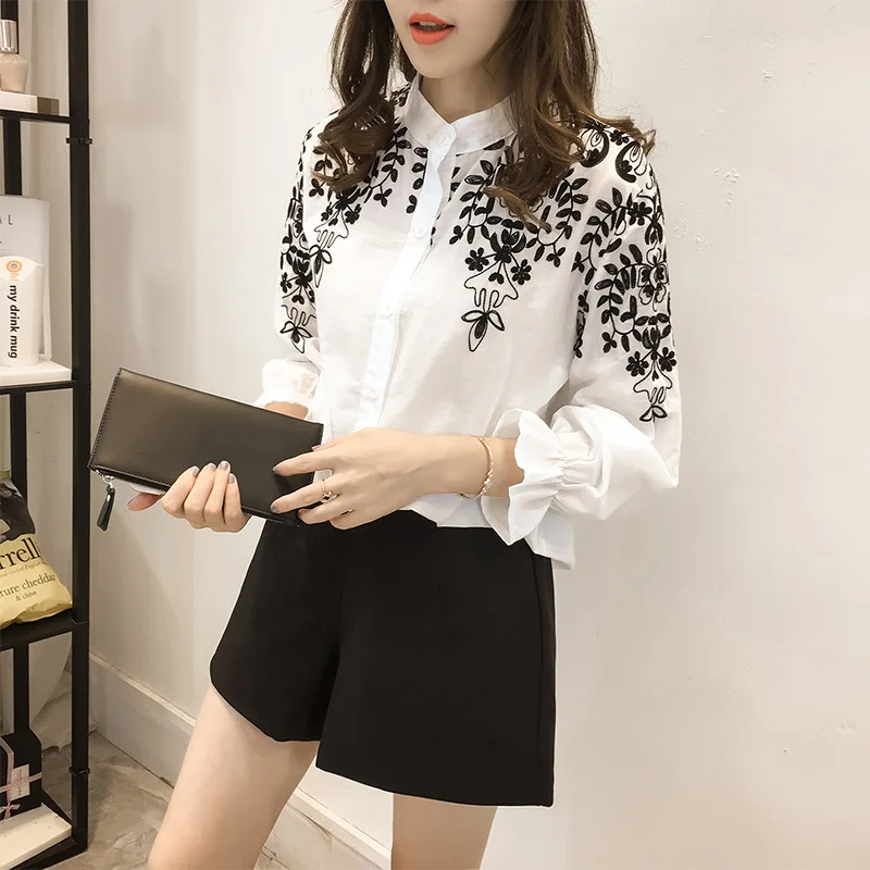 

Women Loose Embroidered Blouses Tops Female Ruffle Long Sleeve Shirt Feminina Blusas Stand Collar Bottom Tops Plus Size 5XL