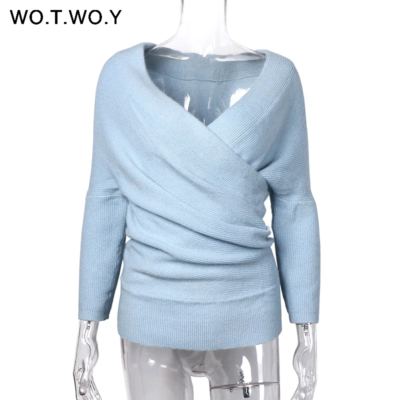 WOTWOY Sexy V Neck Cross Knitted Sweater Women Pullover Hollow Out 2018 Winter Cashmere Women Sweater Backless Streetwear Jumper