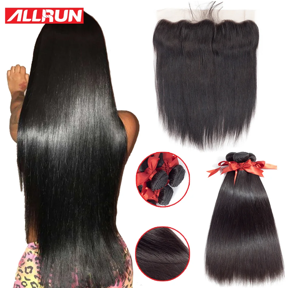 baratas Allrun 3 Weave Brasileiro Do Cabelo Pacotes Com Rendas Fechamento Frontal Cabelo Liso Pacotes Com Fecho da Extensão Do Cabelo Humano Tece