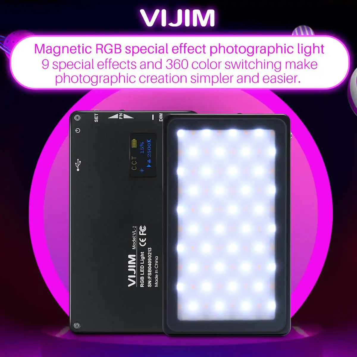 

VIJIM VL-2 Portable Photography Photo Studio RGB LED Video Light 2500K-8500K Fill Light with 3200mAh Excellent Long Life Battery