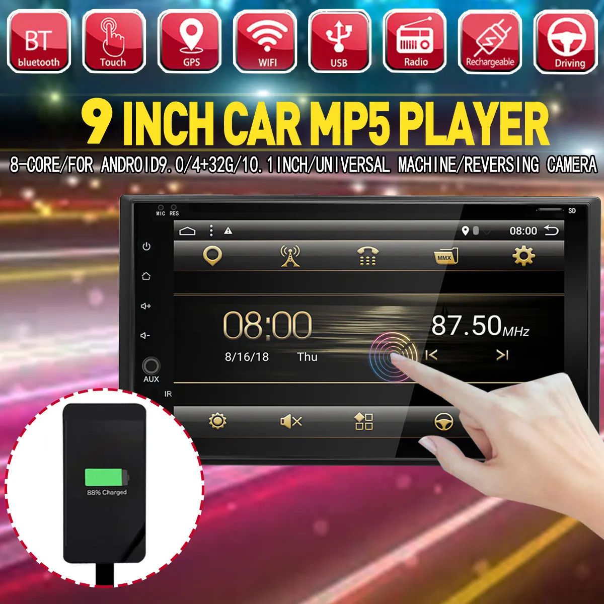 

9'' Android 9.0 PX6 8 core Car MP5 Player 2Din GPS Radio Video 4+32G bluetooth Touchable Mirror Link +Rear View Camera