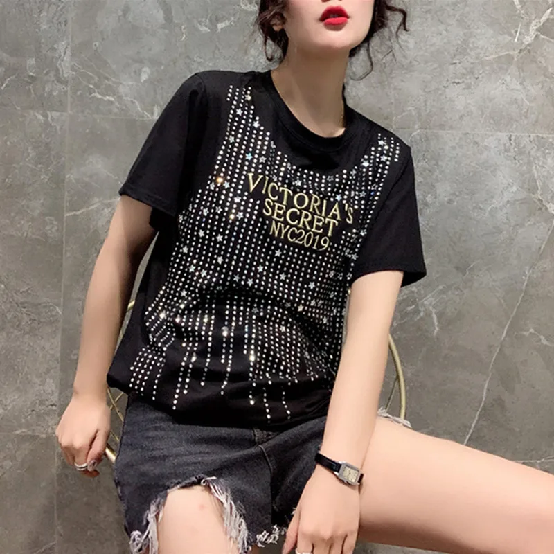 

Diamonds Summer O-Neck Short Sleeve Cotton T-Shirts Black T Shirt Women Clothes 2019 Print Cotton Top T-Shirt Letter Tees