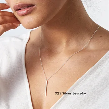 

100% 925 Sterling Silver Necklaces Pendants For Women Long Stick Link Chain Square Necklace Long Strip Fine Jewelry Accessories
