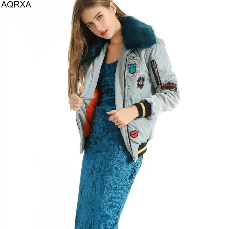 

Women winter jacket with fur collar gray short coat new casual fashion padded long sleeve warm outwear big size patch appliques