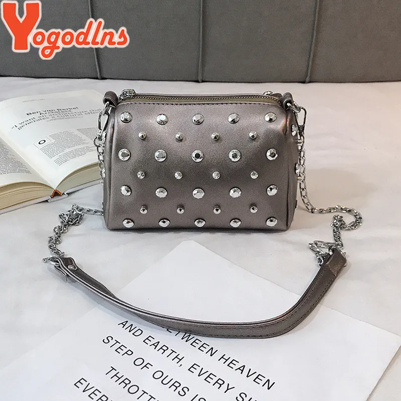 Yogodlns Bags For Women New Fashion Rivet PU Leather Women Bag Diamonds Shoulder Messenger Bag Chains Small Flap Crossbody Bag