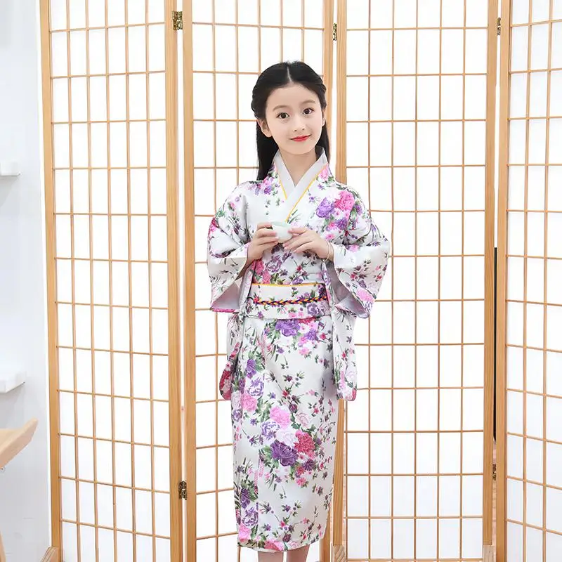 Синий принт Дети Новинка Японский танец платье цветочный традиционный молодой кимоно для девочки для маленьких девочек косплей платье костюмы юката - Цвет: Белый