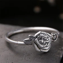 Женский браслет Винтажный Розовый цветочный узор 999 Стерлинговое Серебро Открытые Браслеты на запястье браслеты для художника 25 мм в ширину 35,70 г