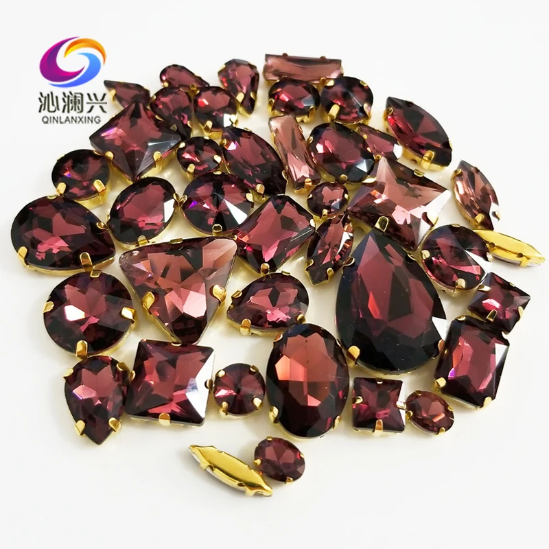 

Wine red Gold base mix shape top crystal glass sew on stones,Super flash claw rhinestone diy/Clothing accessories 58pcs/pack