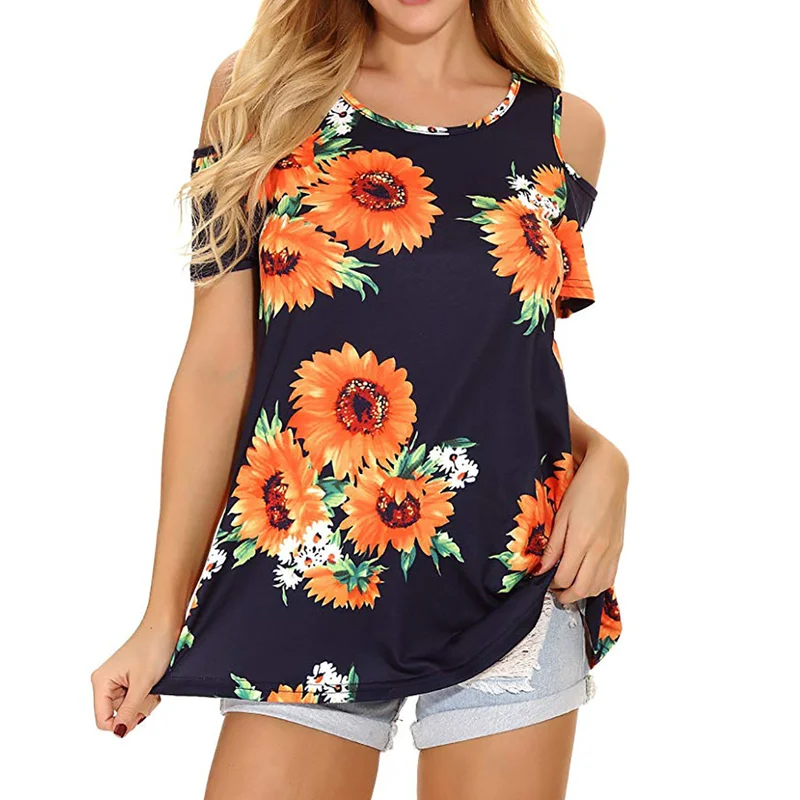 

2XL Plus Size Tops Women Off Shoulder T Shirt Boho Floral Print Loose Beach T Shirts Leisure Short Sleeve Top Casual Female 2019