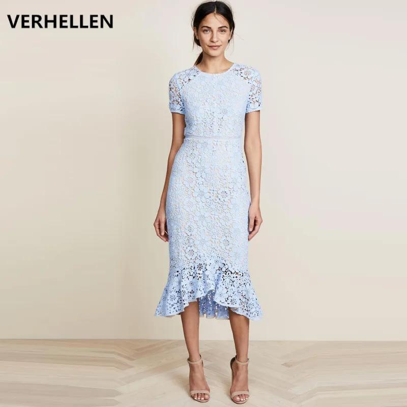 

High Quality Fashion Designer Runway Dress 2019 Summer Women's Short Sleeve Hollow Out Lace Mermaid Party Elegant Mid-Calf Dress