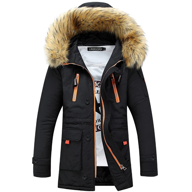 Зимняя куртка для мужчин брендовая Повседневная теплая парка Мужская модная съемная меховая куртка с капюшоном, утепленная мужская куртка верхняя одежда - Цвет: Black