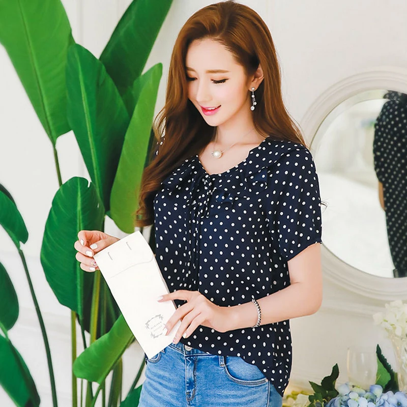Рубашка женская в горошек шифоновая с коротким рукавом|polka dot chiffon blouse|chiffon blousefeminine