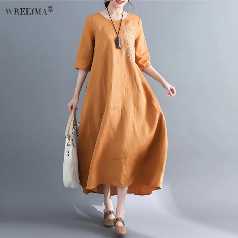 WREEIMA Cotton Linen Plus Size Dresses For Women XXL Half Sleeve Long