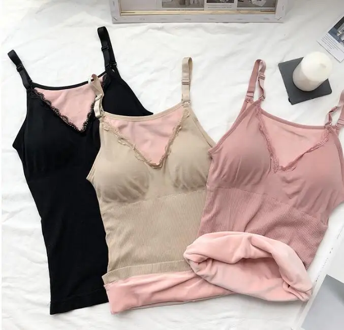 Women Velvet Lace Thermal Underwear Vest Thick V Neck Padded Cup Female