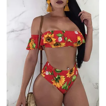 

Sunflower Print Swimsuit High Waist Swimwear Women Sexy Bikini Set Off Shoulder Bathing Suit Swimming Costumes for Women Plavky
