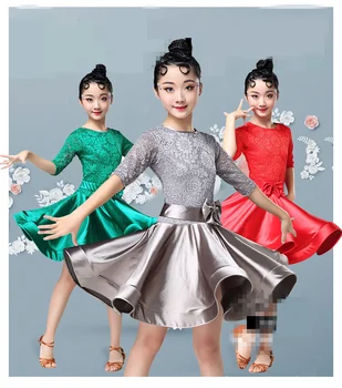 

New Lace Ballroom and Latin Dance Dresses for Sale Cha Cha Rumba Samba Jive Long Sleeves Children Teen Latino Dress Dance Skirt