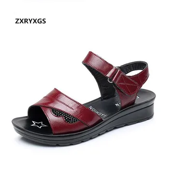 

2019 Newest Soft Bottom Non-slip Middle-aged Women Leather Sandals Summer Cowhide Rhinestone Mom Shoes Woman Casual Flat Sandals