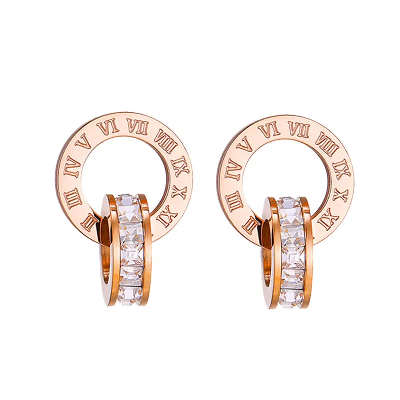 

ROMAD Rose Gold Stainless Steel Stud Earrings for Women Wedding Party Jewelry Elegant Bling Crystal Roman Numerals Earrings A20