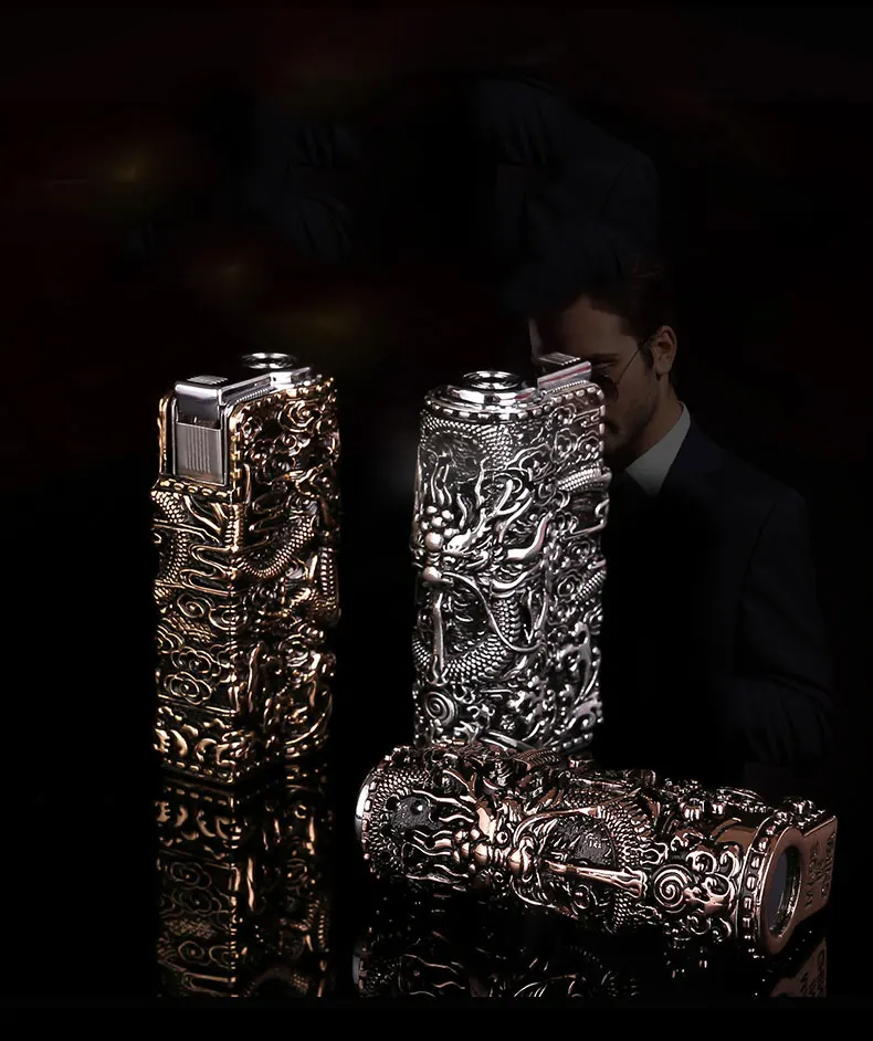 

65*35mm Windproof Vintage Dragon Gasoline Lighter Wheel Armor Metal Pole Kerosene Gas Lighter Petrol Lighter Gadgets for Men