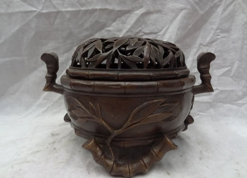 

S4053 9" Chinese Bronze FengShui Bamboo Pole Statue Buddhism Incense Burner Censer Set D0318