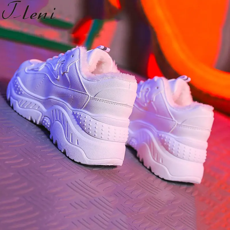 Tleni 2018 Women Sneakers New PU Women running Shoes Winter Lace-Up Flats Platform Warm Plush Women Shoes ZF-37
