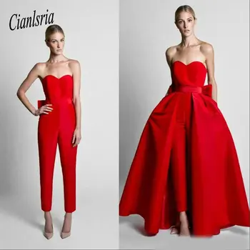 

Red Jumpsuits Evening Dresses With Detachable Skirt Sweetheart Prom Dresses Custom Made Formal Party Dress Pants for Women