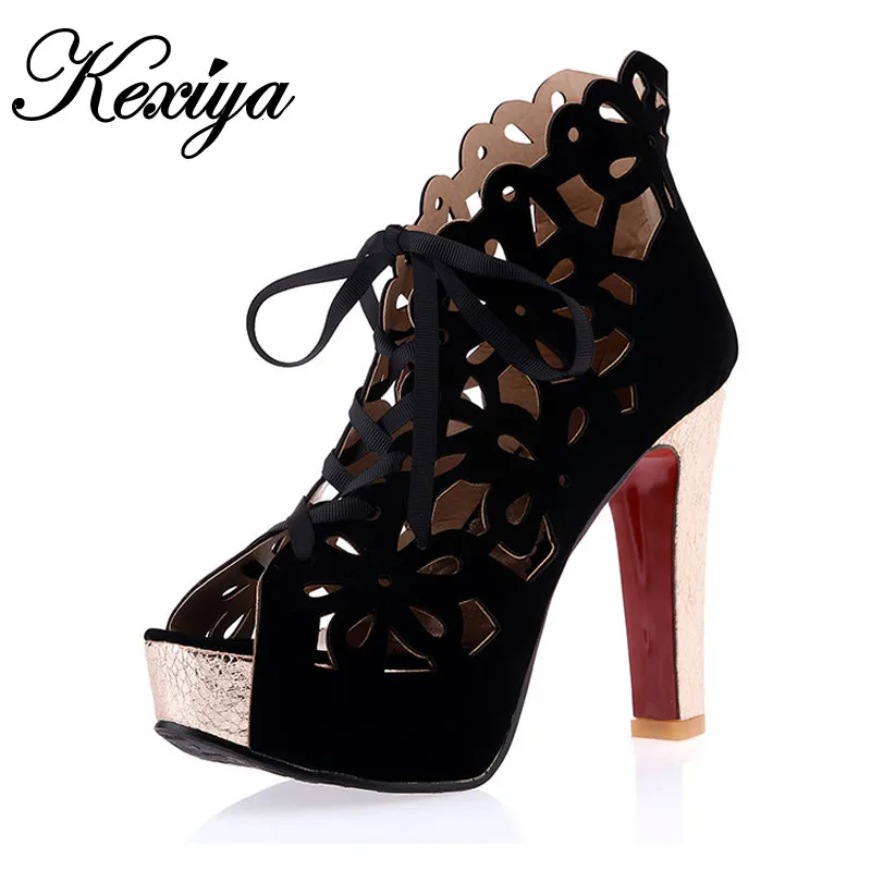 

Big Size 32~44 Fashion women summer Boots Flock Peep Toe Platform high heel shoes Cut-Outs Cross-tied Ankle boots YZ-A-10