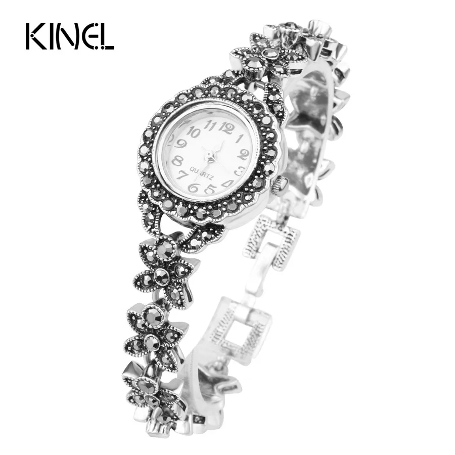 Kinel изысканный цветочный кристалл браслеты для женщин посеребренные декоративные часы для женщин ретро вид индейки ювелирные изделия