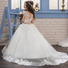 Платье с цветочным узором для девочек; белое пышное платье для свадьбы; вечерние платья для девочек; платье для первого причастия; праздничное кружевное платье принцессы