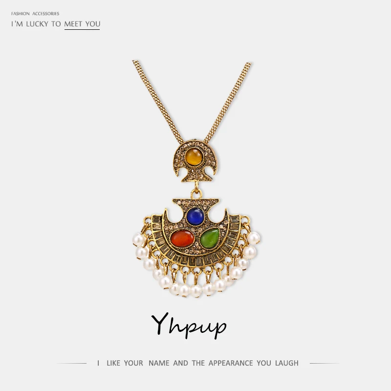 

Yhpup New Trendy Imitation Pearls Boho Colorful Resin Crystal Rhinestone Handmade Necklace Vintage Ethnic Women Accessories 2019