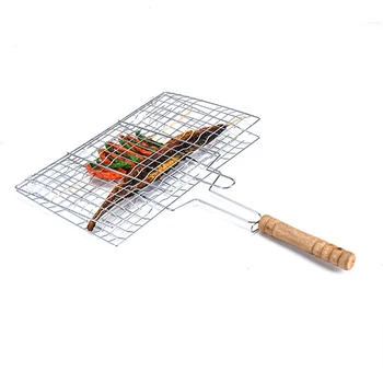 

BBQ Basket Folding Shelf Mesh Net Stainless Steel BAR-B-Q Nonstick Tool Vegetable Wooden Handle Roast Chicken Meat BBQ Tool 1pcs