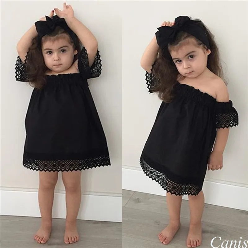 

2-6 Years Baby Girls Clothes Set Sleeveless Off Shoulder Dresses For Girl Solid Black Lace Hairband Girls Set Clothing Kid Suits