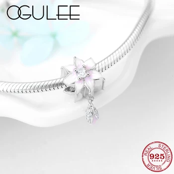 

Pink white Peach Blossom and Bud CZ Charms silver 925 Fine Enamel Flower Beads pendant Fit Original Pandora Bracelet DIY Jewelry