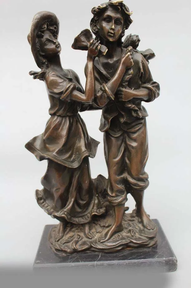 

12"Western Art sculpture Bronze Marble Husband and wife labour Women Men Statue