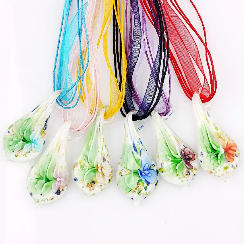 

Fashion Wholesale 6pcs handmade Murano Lampwork Glass Mix Color Black flower Leaf Pendants Silver P Charms Necklace necl0139