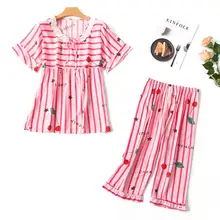 Женское белье длинные штаны+ топы с короткими рукавами, пижамные комплекты хлопчатобумажная одежда для сна больших размеров в полоску Женская летняя Пижама, одежда для сна, 2 шт./компл