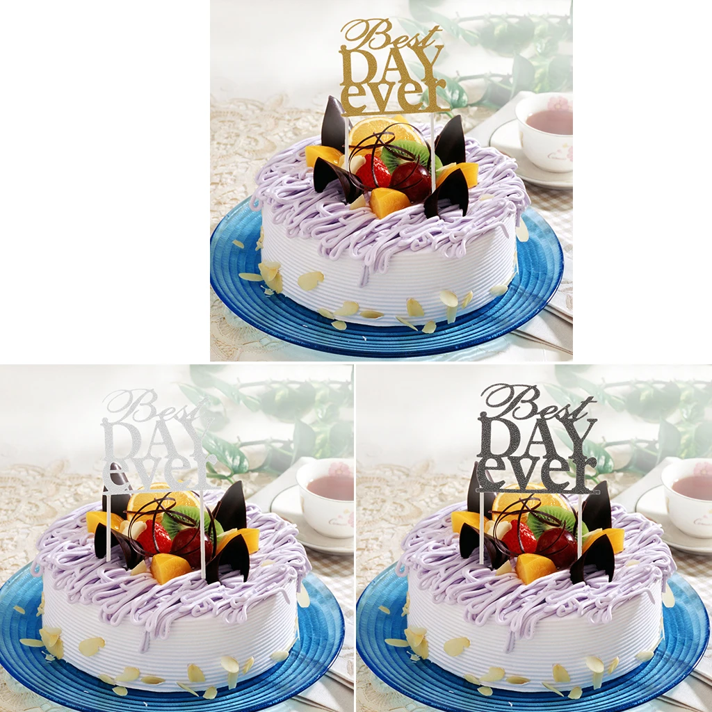 Glitter Paper Best Day Ever Cake Topper on Sticks Dessert Bakery Shop Home Party Cake Decor Photography Prop Wedding Party Decor
